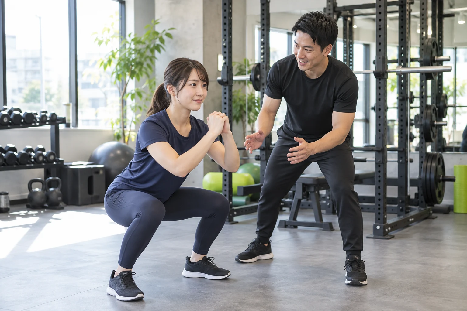 トレーナーとスクワットを練習する初心者。AI生成のトレーニングイメージ